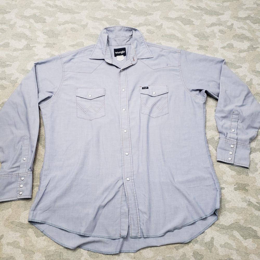 Wrangler Shirt Mens 2XL Blue Pockets Pearl Snap Long Sleeve Western Cowboy Rodeo